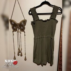 Olive Green Smocked Romper with Pockets - Size M